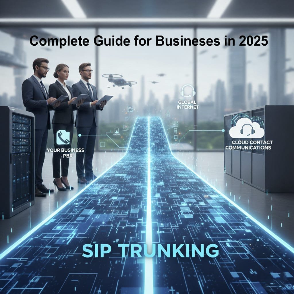 SIP Trunking Guide for Businesses 2025: Illustration showing three business professionals next to server racks, with a glowing digital pathway leading from "Your Business PBX" through the "Global Internet" to "Cloud Contact Communications," representing the SIP trunking connection.