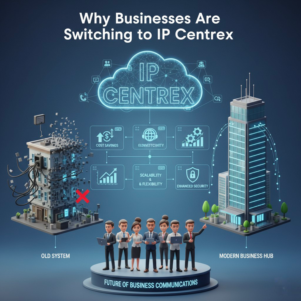 Why businesses are switching to IP Centrex: illustration showing an old, fragmented telecom system on the left contrasted with a modern business hub skyscraper on the right, connected by a cloud labeled 'IP Centrex'. Key benefits highlighted are Cost Savings, Global Connectivity, Scalability & Flexibility, and Enhanced Security.