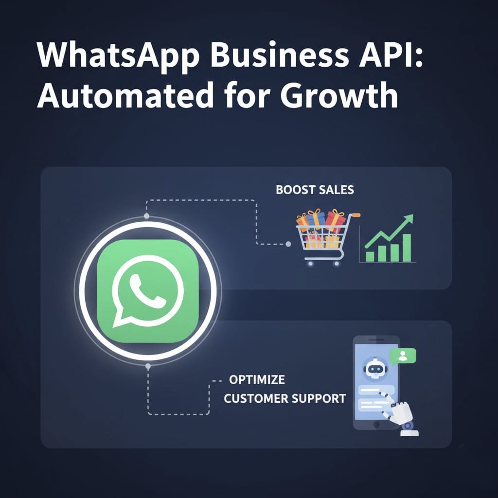 WhatsApp Business API automated for growth, showing connections to boosting sales (shopping cart and upward graph) and optimizing customer support (chatbot on a smartphone).