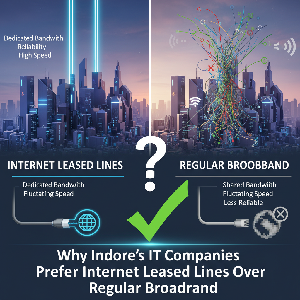 Comparison graphic showing why IT companies in Indore choose dedicated Internet Leased Lines (reliable, dedicated bandwidth) over shared Regular Broadband (fluctuating speed, less reliable).