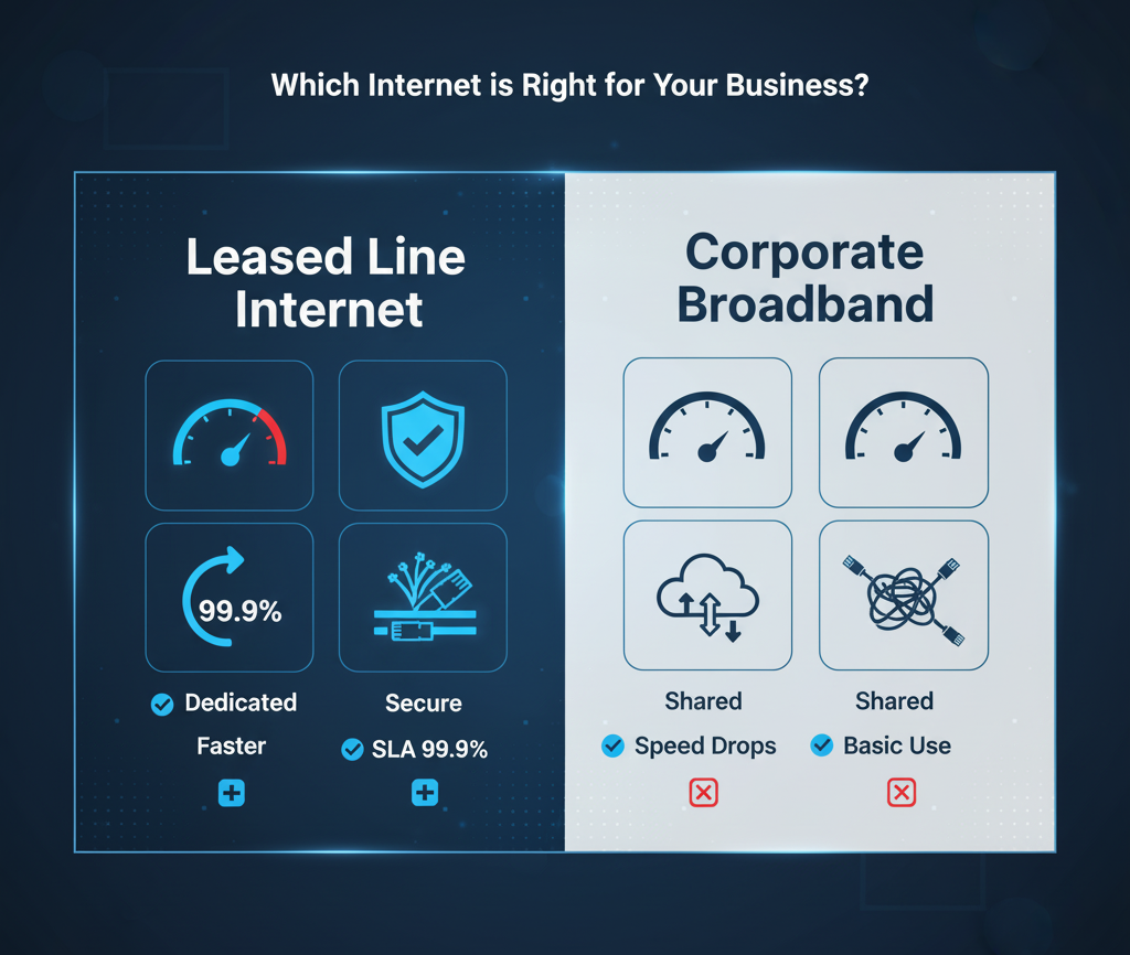 Leased Line Internet vs Corporate Broadband comparison showing speed, security, reliability, and shared network issues