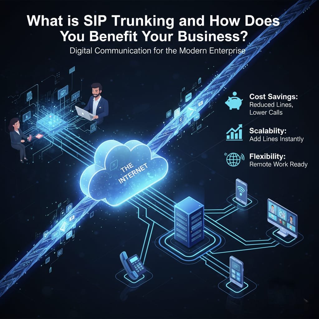 Infographic titled "What is SIP Trunking and How Does You Benefit Your Business?" showing digital communication via the internet cloud, highlighting cost savings, scalability, and flexibility for remote work