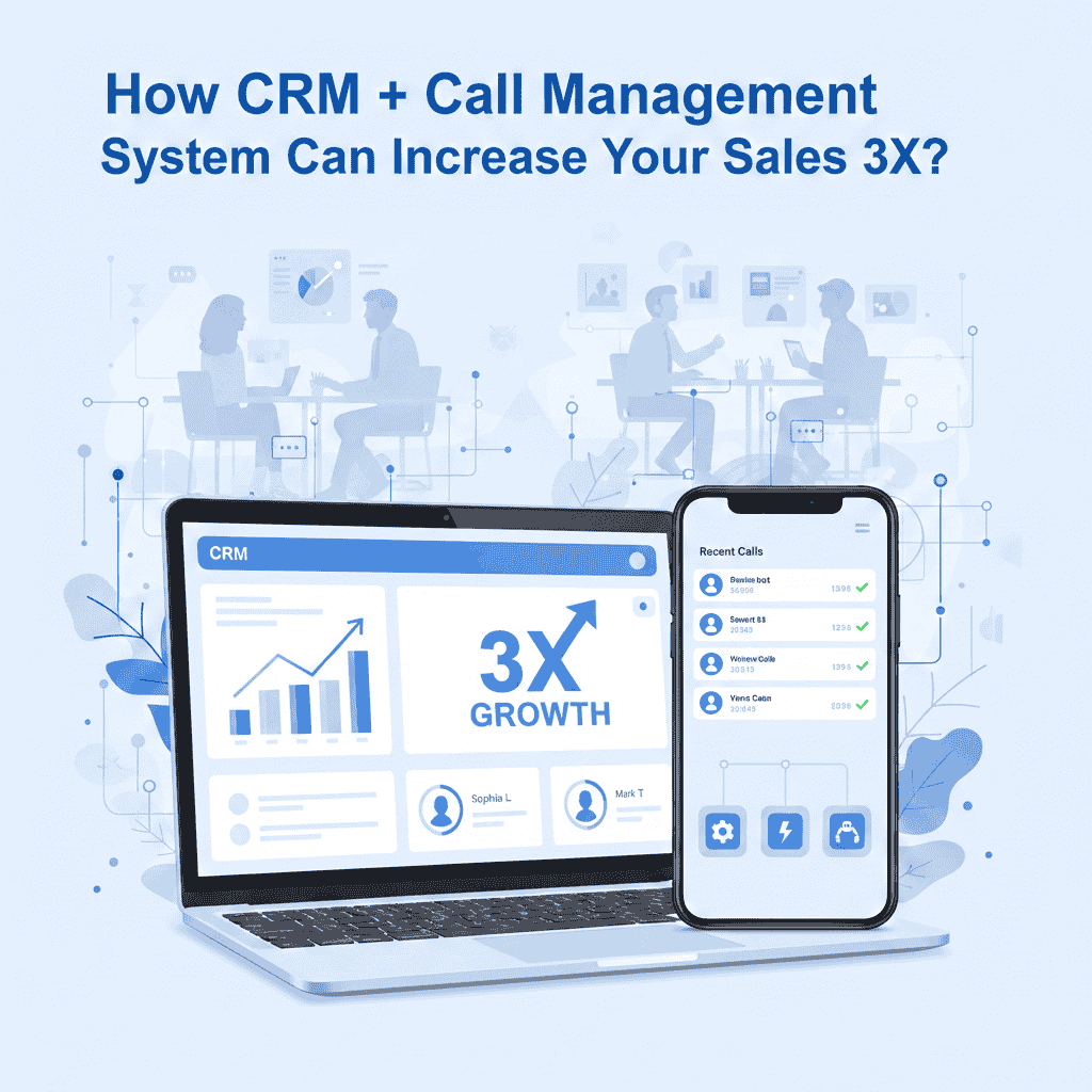 Laptop showing CRM dashboard with 3X sales growth and smartphone displaying call management system interface.