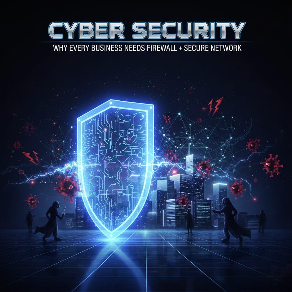 An isometric illustration of a secure network infrastructure showing multiple servers, computers, and cloud icons protected by a central glowing blue shield labeled "NETWORK SECURITY," "DATA PROTECTION," and "CYBER SAFETY." The setup rests on a digital platform with interconnected circuit lines.