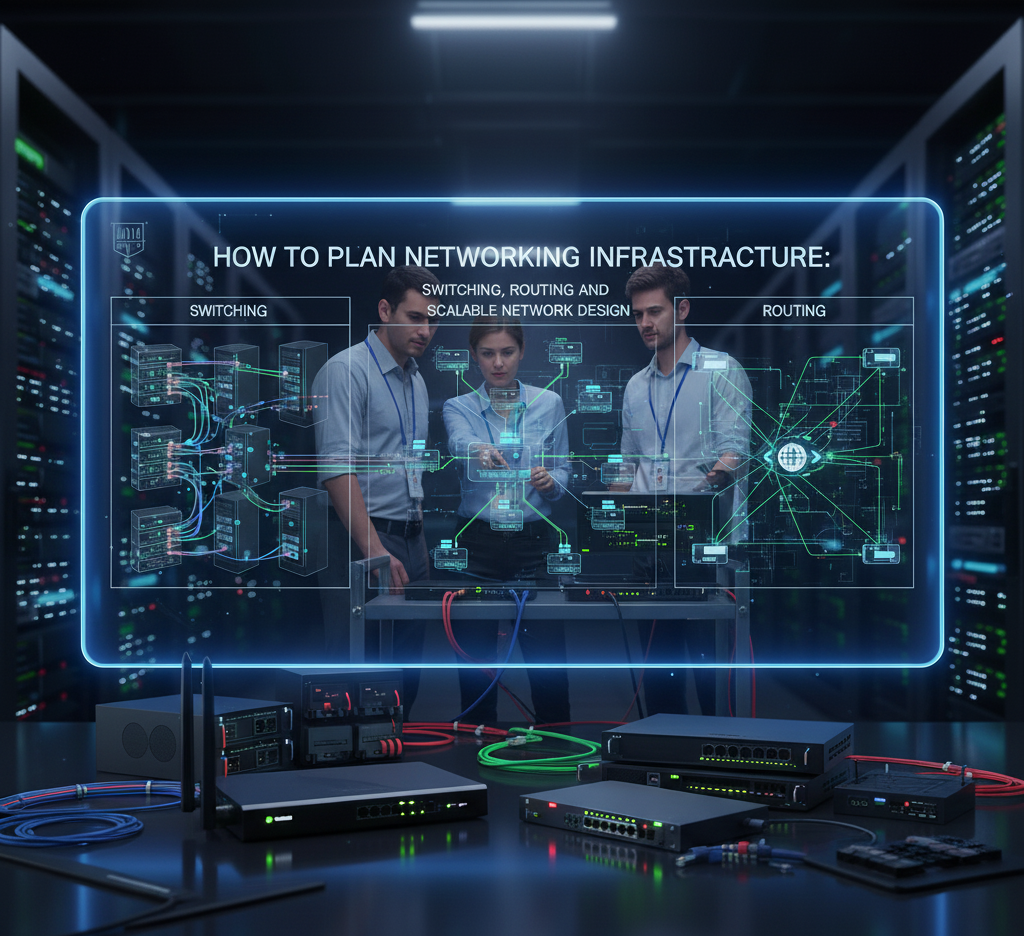 IT professionals planning networking infrastructure with switching, routing, and scalable network design diagrams in a data center